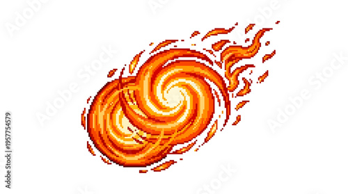 Pixel art fiery swirl depicting a burning comet or magical energy vortex with intricate orange and yellow flames, ideal for retro game assets