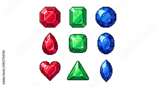 Collection of Nine Different Gemstones in Various Shapes and Colors, Including Rubies, Emeralds, and Sapphires