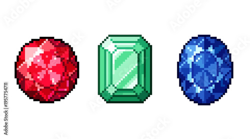 Vibrant collection of retro pixel art gemstones featuring faceted red, green, and blue jewels, evoking classic arcade game aesthetics and nostalgic digital art