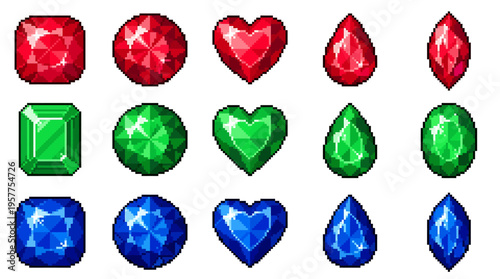 A vibrant collection of sparkling, faceted gemstones in ruby red, emerald green, and sapphire blue, arranged in rows