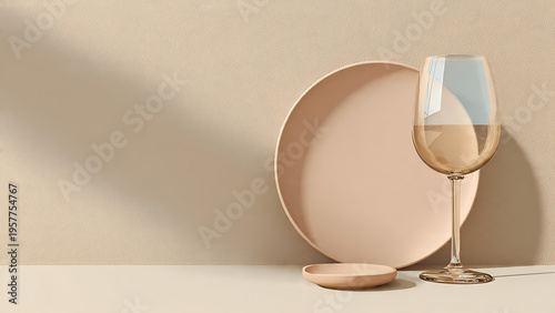 Minimalist wine glass and open container set on beige surface, clean flat illustration with soft shadows, Passover theme, elegant drinking environment