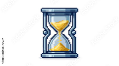 Pixelated hourglass symbol representing the passage of time, sand falling through the center, a classic representation of timekeeping and vintage aesthetics