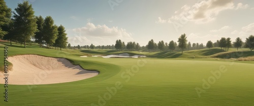 Wide shot of golf course with sand bunker and green grass,  nature,  sports,
