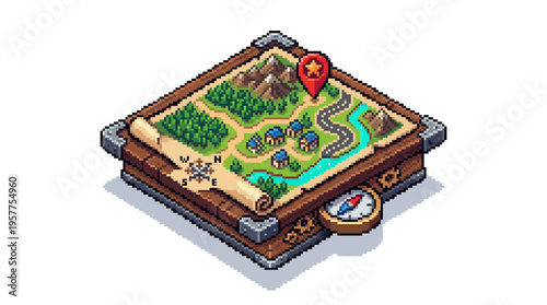 Detailed isometric pixel art map showcasing a picturesque village with mountains, river, and a prominent star location pin, perfect for navigation themes