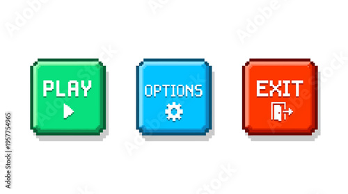 Retro pixel art game interface with vibrant play, options, and exit buttons, ideal for nostalgic gaming design elements