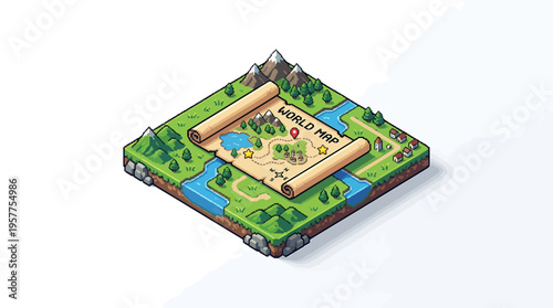 Discover an enchanting isometric pixel art map featuring a fantastical landscape, ideal for game design and exploration themes