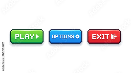 Retro pixel art interface buttons for digital games. Vivid green, blue, and red interactive elements for user experience