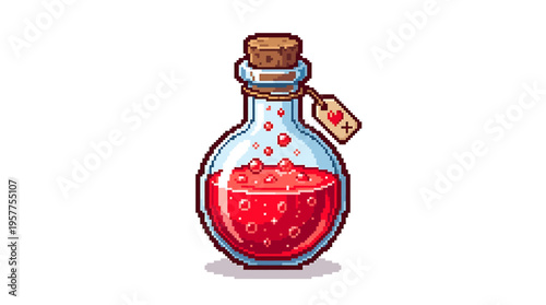 Pixel art bubbling red liquid potion in a glass bottle with cork stopper and heart tag, perfect for game design, magical themes, or health power-ups