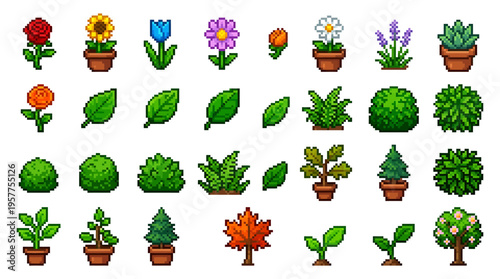Diverse Set of Pixel Art Botanical Elements Flowers, Leaves, Potted Plants, Bushes, and Trees for Game Development and Digital Design Projects
