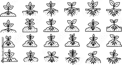 Agriculture and Growth Outline Icons Set: Black  White Line Art Illustrations of Plants, Sprouts, Seedlings, and Roots in Soil