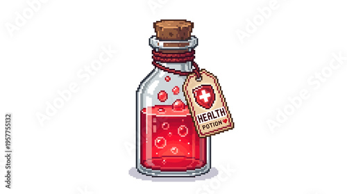 Retro pixel art magic potion bottle icon filled with glowing red liquid, perfect for game UI, fantasy assets, and health recovery concepts