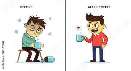 Transformative coffee effects From sleepy and fatigued to energized and happy, a daily boost illustration