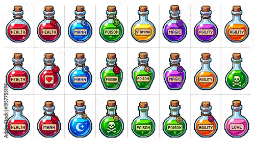 Comprehensive set of enchanted potion bottles in various colors, depicting health, magic, and poison elixirs for fantasy gaming and mystical designs