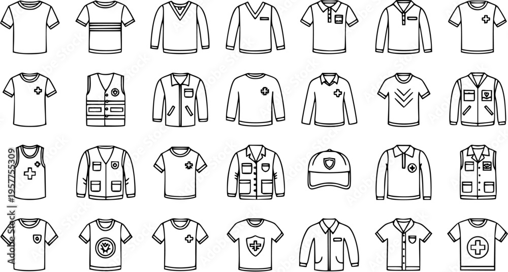 Fototapeta premium Medical Uniforms and Apparel Line Art Icons Set - Healthcare Clothing Vector