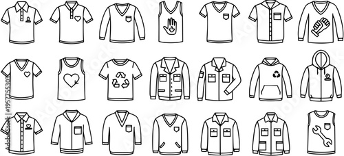 Clothing and Apparel Line Art Icons: Diverse Garments, Shirts, Jackets, Hoodies, and Tank Tops in Black  White Outline Style.