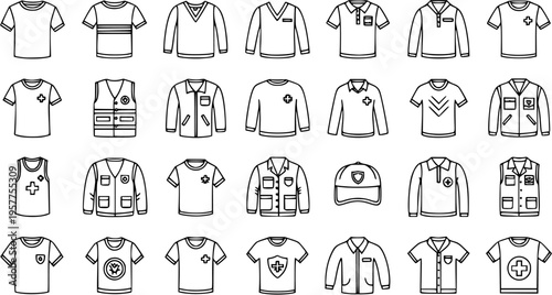 Medical Uniforms and Apparel Line Art Icons Set - Healthcare Clothing Vector
