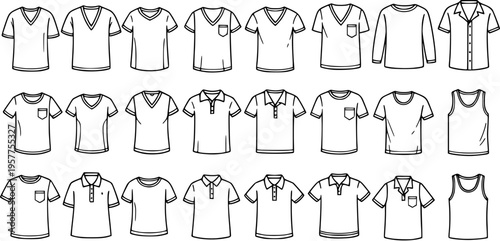 Black and White Line Art Outline Vector Set of Apparel Clothing Tops. Collection of T-shirts, Polo Shirts, Long Sleeves, and Tank Tops for Fashion Design