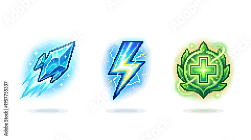 Collection of magical effect icons, including ice shard, lightning bolt, and healing potion