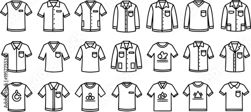 Apparel and Workwear Clothing Line Art Icons. Black and White Outline Vector Collection of Shirts, T-shirts, Polo Shirts, and Uniform Garments.