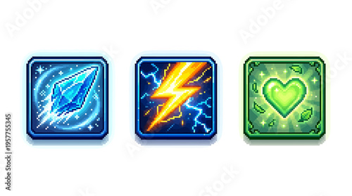 Set of three glowing fantasy game icons a crystal shard, a lightning bolt, and a heart symbol, perfect for magical abilities