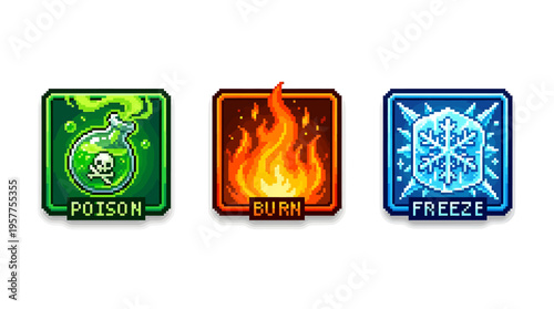 Dynamic Pixel Art Status Effect Icon Set Digital Game Assets for Poison, Burn, and Freeze Abilities, perfect for enhancing RPGs and Fantasy Video Games