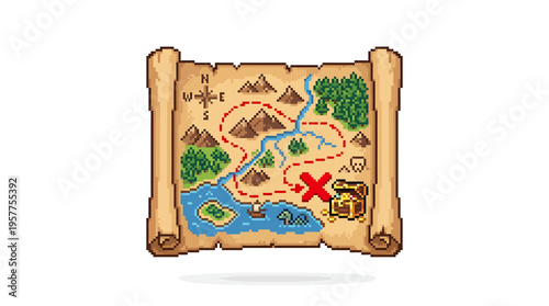 Detailed Pixel Art Treasure Map Scroll Illustrating an Adventurous Journey to Find Hidden Riches on an Uncharted Island with a Marked X