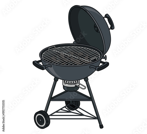 A detailed illustration of a charcoal grill, with the lid open, ready for outdoor cooking. 