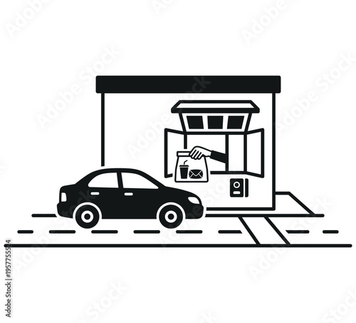 Drive-through restaurant with a car waiting for order pickup. A hand is passing food bag