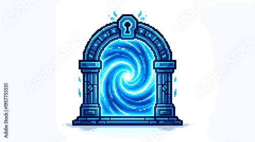 Pixel art fantasy portal with glowing blue vortex and stone archway, magical gateway illustration