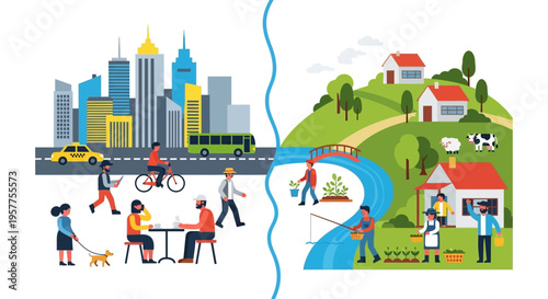 Vibrant Vector Illustration Comparing Urban and Rural Lifestyles, Showcasing Bustling City Scenes Against Serene Countryside Living Environments