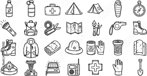 Camping Gear Icons Black and White Line Art Vector, Outdoor Adventure Equipment Symbols