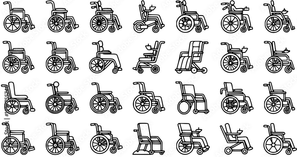 Obraz premium Healthcare and Disability Wheelchair Vector Line Art Icon Set. Medical Mobility Aid Symbols Collection in Outline Style.