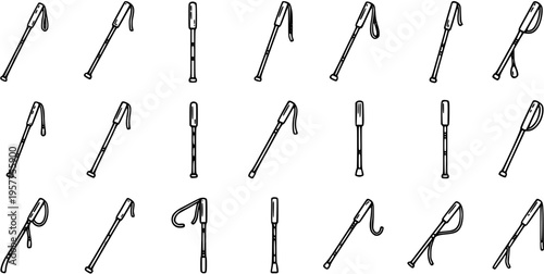 Black and White Line Art Collection of Trekking Poles and Walking Sticks