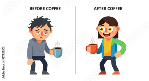 Illustrative concept demonstrating the dramatic impact of coffee, changing a person's demeanor from weary and sluggish to vibrant, cheerful, and full of vitality
