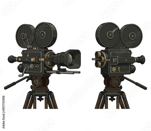 Vintage film cameras with tripod against a light background