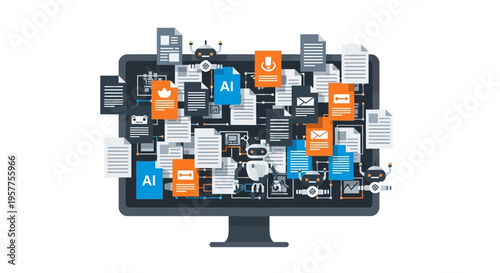 Computer monitor with colorful icons. Vector Illustrations. EPS Editable