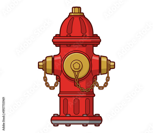 A red fire hydrant with a golden cap stands ready to provide water in an emergency situation. 