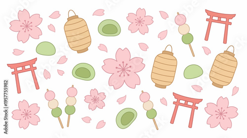 Cute Japanese spring cultural elements with cherry blossoms lanterns mochi dango and torii gates. Vector Illustrations. EPS Editable