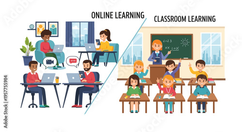 Online learning versus traditional classroom learning, a visual comparison of educational environments