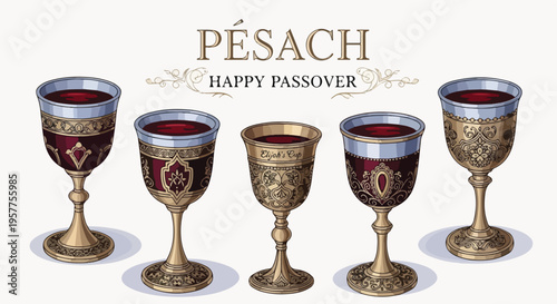Five ornate golden goblets filled with red wine, symbolizing a traditional Jewish Passover celebration.