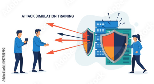 Cybersecurity experts protecting network shield. Vector Illustrations. EPS Editable
