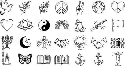 Peace, Religion, Spirituality  Social Justice Hand-Drawn Line Art Icons Set - Diversity, Nature  Hope Symbols in Black and White Doodle Style