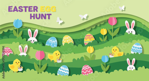 A vibrant paper-cut illustration depicting an Easter egg hunt scene with bunnies, chicks, and colorful eggs hidden among green hills and spring flowers.