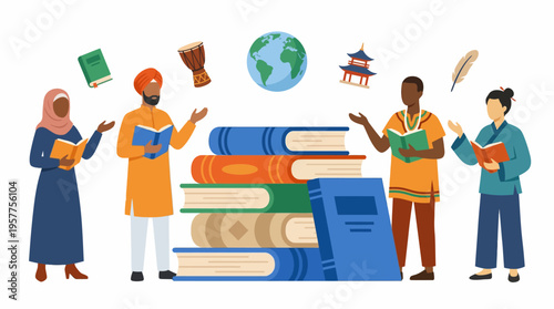 Diverse individuals reading books and learning about global cultures. Vector Illustrations. EPS Editable