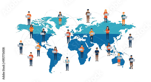 Diverse people stand on world map. Vector Illustrations. EPS Editable