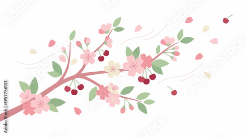 Elegant flowering cherry branch adorned with delicate pink blossoms and green leaves. Vector Illustrations. EPS Editable