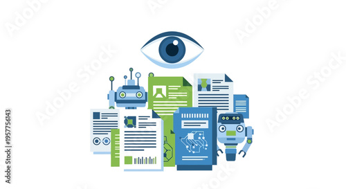 Eye looking at documents and data. Vector Illustrations. EPS Editable