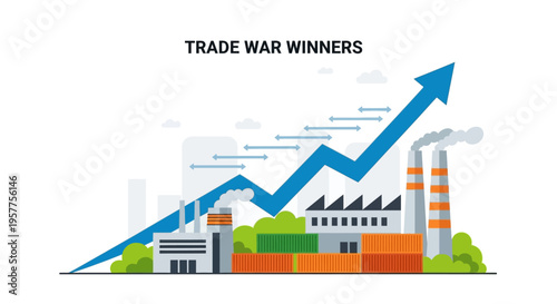 Factory Economic Growth Graphic With Rising Arrow. Vector Illustrations. EPS Editable
