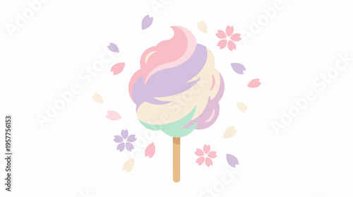 Fluffy Pastel Cotton Candy Treat on Stick. Vector Illustrations. EPS Editable