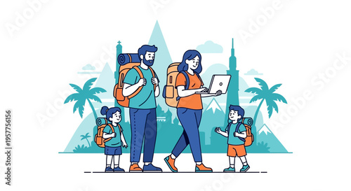 Family of four with backpacks on a travel adventure. Vector Illustrations. EPS Editable